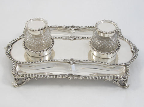 Sterling Silver Ink Stand with Two Cut Glass Pots by Goldsmiths and Silversmiths Ltd.