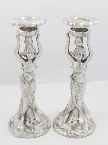 Set of 2 Silver Plate Art Nouveau Figural Candlesticks
