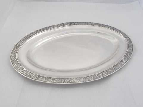 Sterling Silver Oval Tray with Mythological Pattern and Fancy Script Monogram